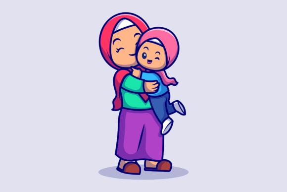 Download Cute Mother and Daughter Moslem Cartoon - Premium Resources